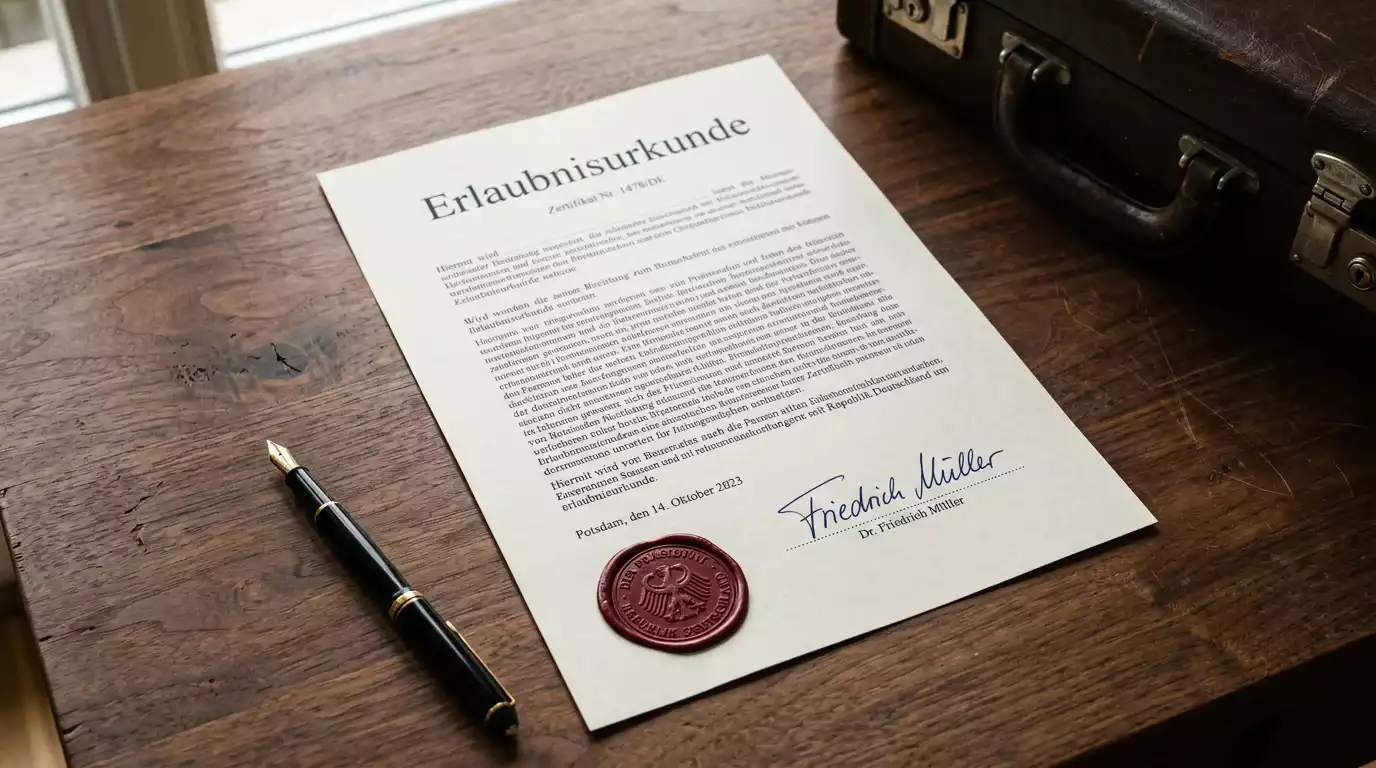 Offizielles deutsches Lizenz-Dokument mit GGL-Stempel auf einem Schreibtisch