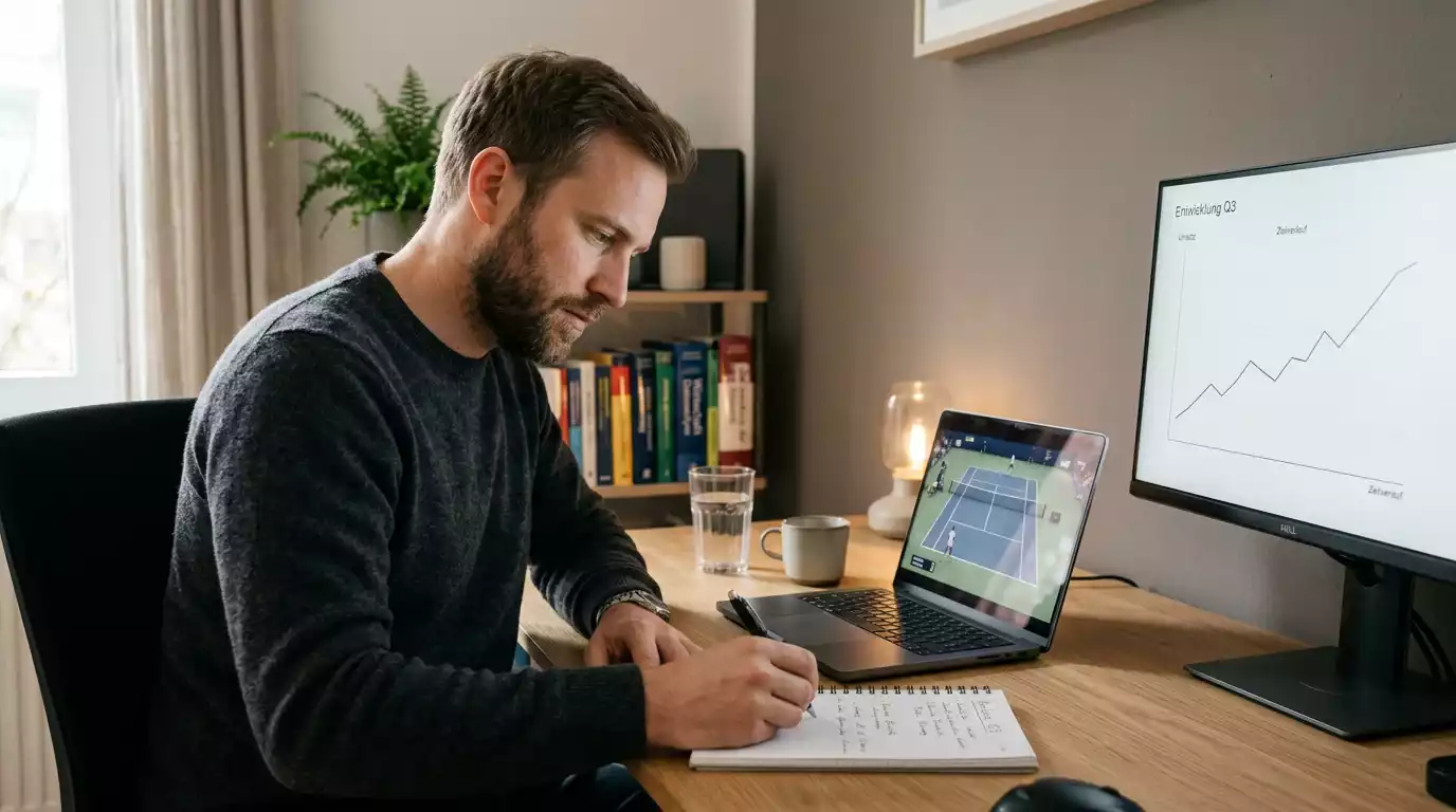 Analytiker beobachtet ein Tennis-Live-Spiel auf zwei Bildschirmen und macht handschriftliche Notizen