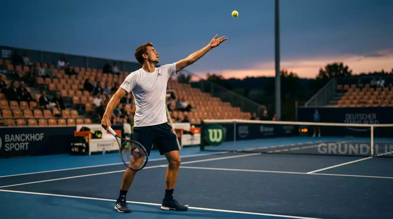 Tennisspieler beim Aufschlag auf einem deutschen Hartplatz in der Abenddämmerung